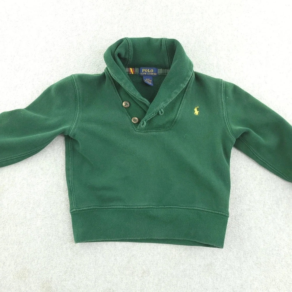 Polo Ralph Lauren Sweater Boys 4T Green Fleece Shawl Collar Pullover Pony Logo